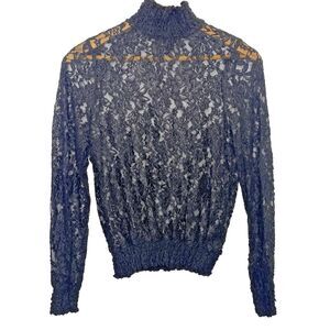 J FOR JUSTIFY Lace Sheer Blouse High Neck Romantic Long Sleeve Womens M Black